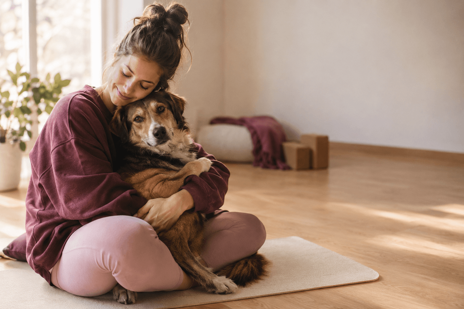 Una mujer sentada en una esterilla abraza a su perro mestizo en una sala luminosa