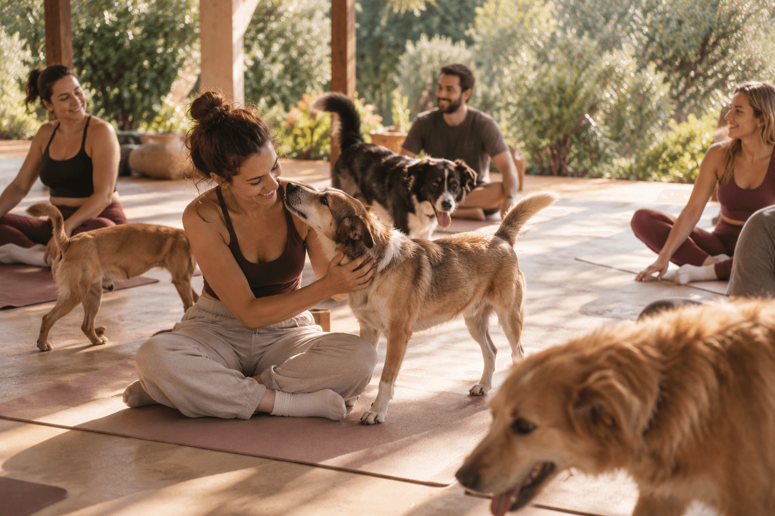 Un grupo practica yoga en una terraza con perros de refugio sueltos entre las esterillas